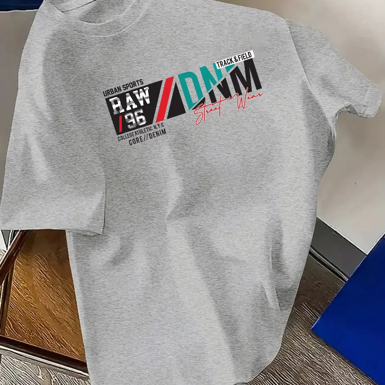 RAW 96 Street Wear Letter Graphic T Shirt Men Track & Field Block Color Print Urban Hip Hop 100% Cotton Short Sleeve Tee