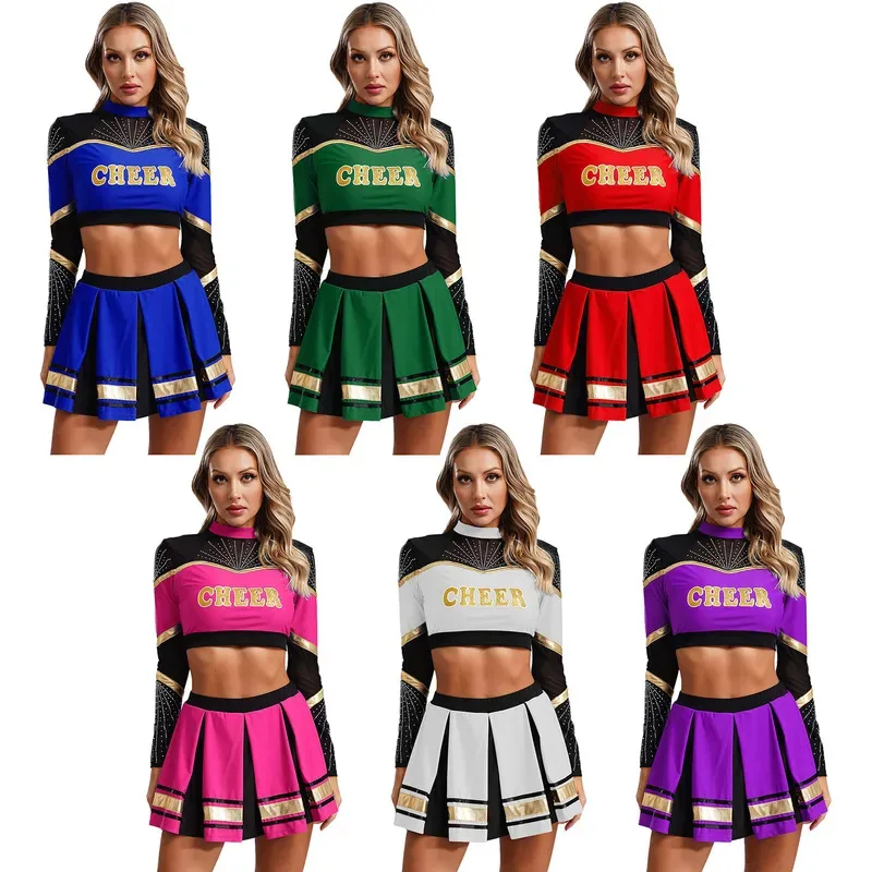 Sky01 Conjuntos de uniformes de alegria femininos Conjuntos de dança de líder de torcida Roupa de torcida Manga comprida lantejoulas Top curto com saia plissada Sd01 $