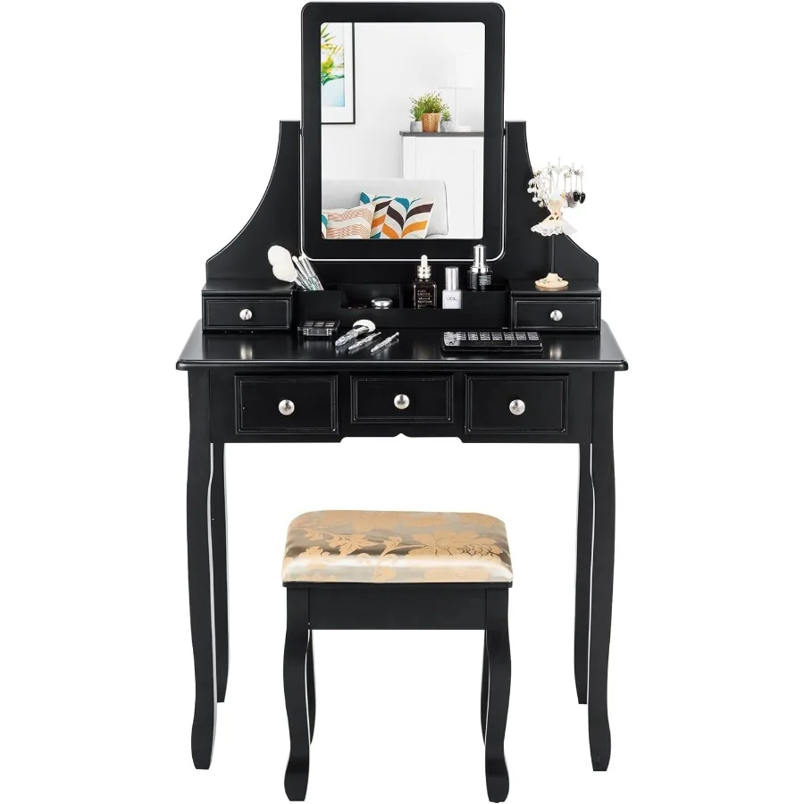 COSTWAY Vanity Desk Set with Mirror and Cushioned Stool Featuring 5 Storage Drawers Elegant Makeup Dressing Table for Bedroom U