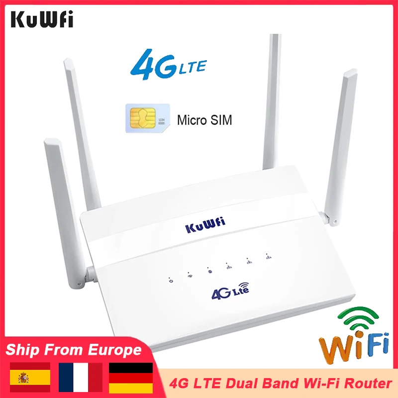 KuWfi 4G LTE Router CAT4 2.4G 5.8G Dual Band 750Mbps Wireless Wifi Router with SIM Card Slot LAN WAN RJ45 Port for 32 Devices