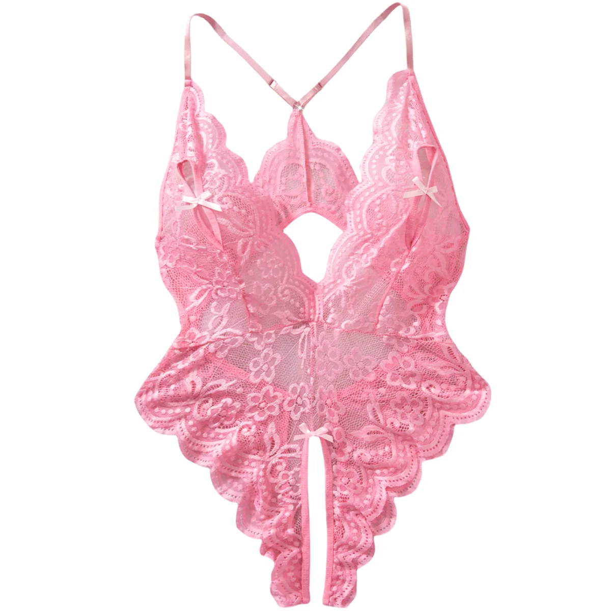 Pink Lace Bodysuit Sheer One-Piece Teddy Seducive Lingerie Woman Backless Tight-fitting Top Deep V Crotchless Nightdress