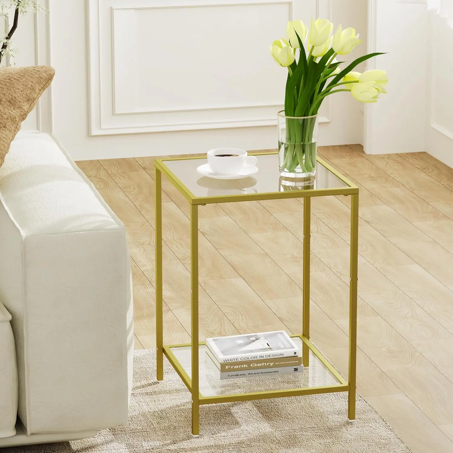 Side Tables Set Of 2, End Table With Tempered Glass, 2-Tier Nightstands With Storage Shelves, Coffee Table With Modern Style,