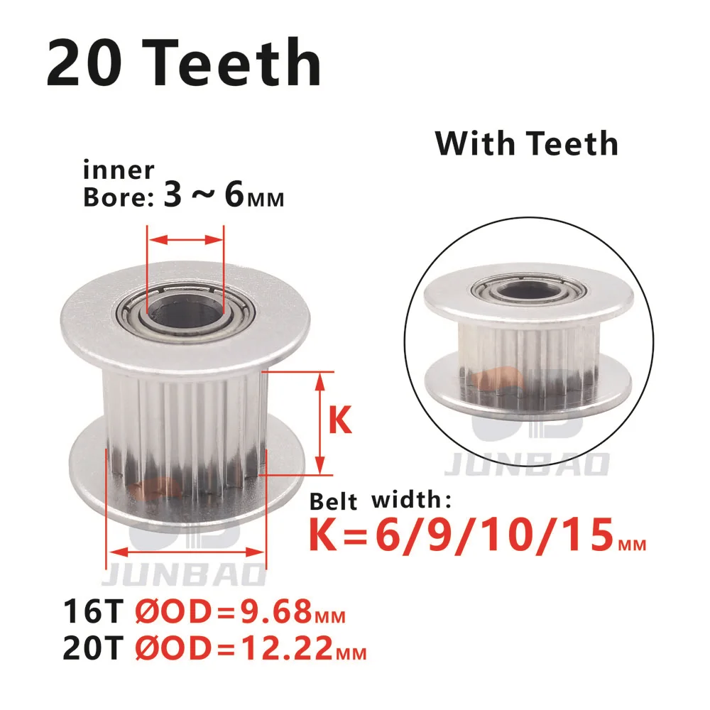 Poulie de renvoi pour imprimante 3D, 2, 16T, 20 dents, alésage de 3, 4, 5, 6mm avec roulement 6, 9, 10, 15mm, GT2 Syns.info ous Whell, poulie de synchronisation, engrenage de ralenti