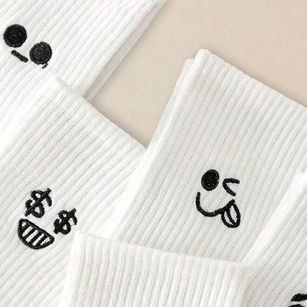 5 Pairs Men White Cartoon Socks Trendy Versatile Expression Socks With Simple Design Soft Breathable Comfortable Casual Socks