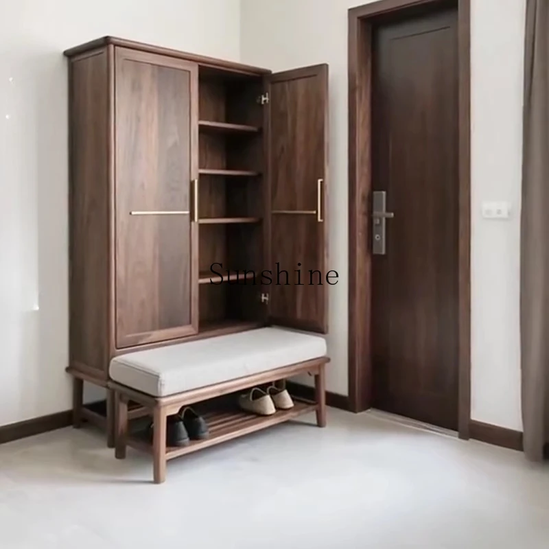 

New Chinese-style home storage cabinet integrated against the wall household North American black walnut