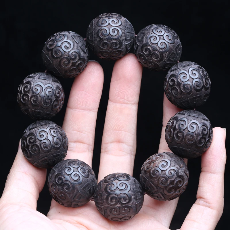 Natural Ebony Bracelet, Key Pattern Beads, Auspicious Cloud Beads, Prayer Beads, Lucky Decorations,Classic Carved Bracelets