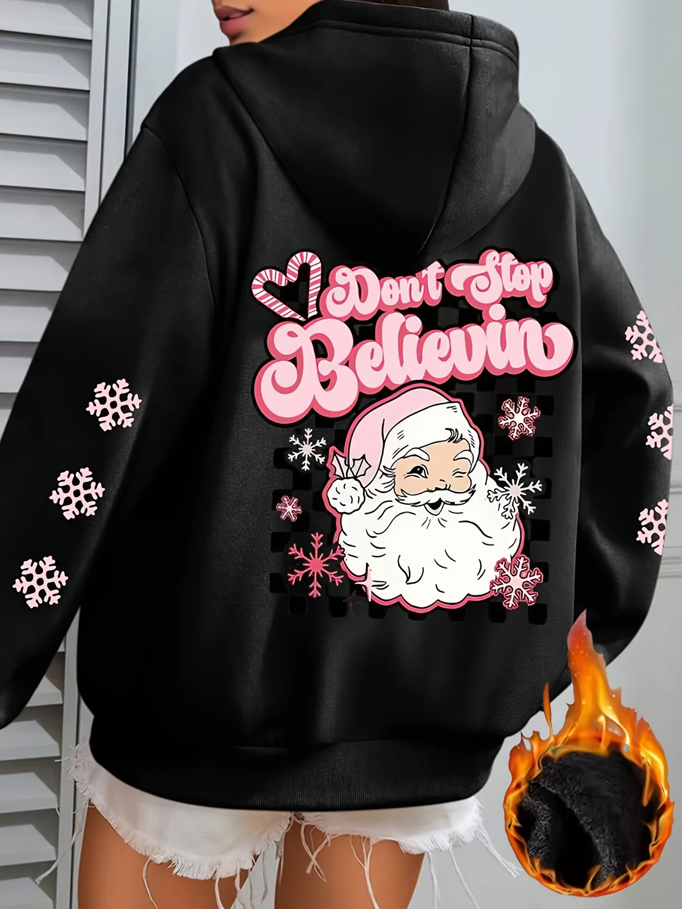 Women's Christmas Themed Hoodie Long Sleeve Pullover with Front & Back Print Casual Sweatshirt with Kangaroo Pocket