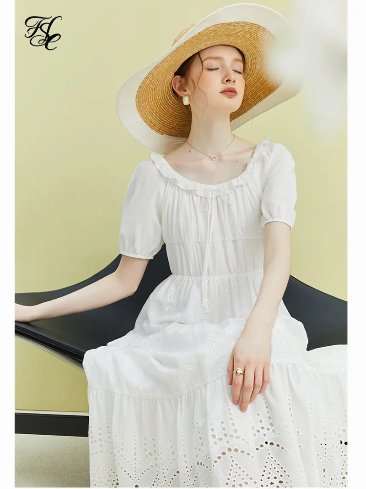 

FSLE Ladylike Round Neck White Long Dress 100% Cotton Hollow Out Design High Waist Women Solid Dresses Commuter Pullover Dress