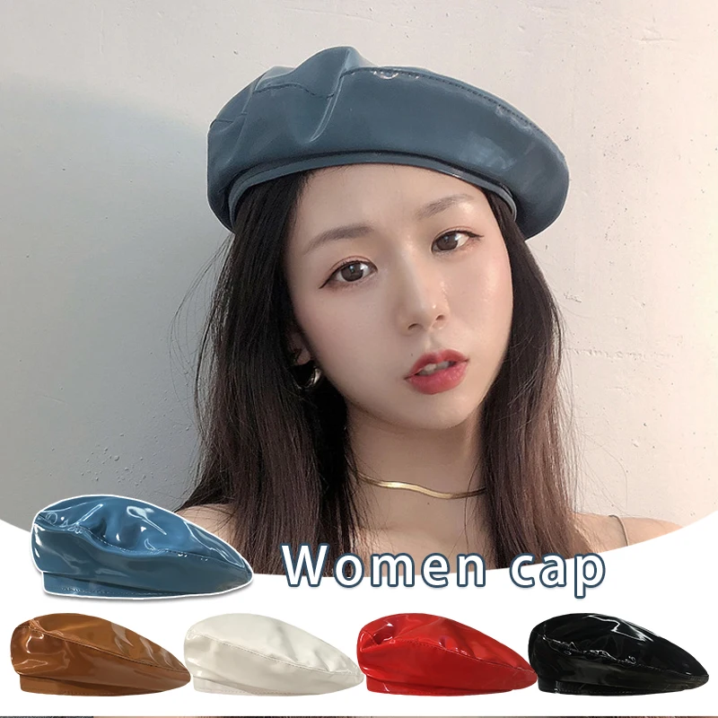 Women Bright Leather Beret Hat Korean Version Girl Beret  British Literary Retro Patent Leather Painter Cap Octagonal Hats