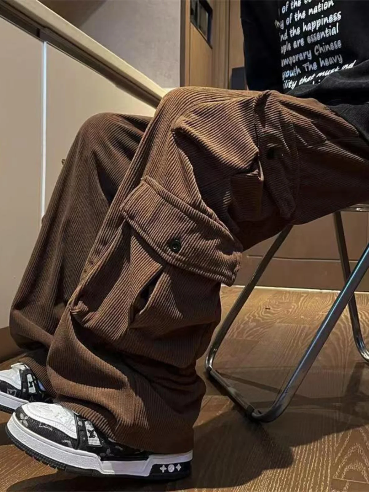 

Spring Summer Men's Loose Fit Cargo Pants Vintage American Sle Corduroy Wide Leg Casual Trousers Multiple kets Trendy Brand