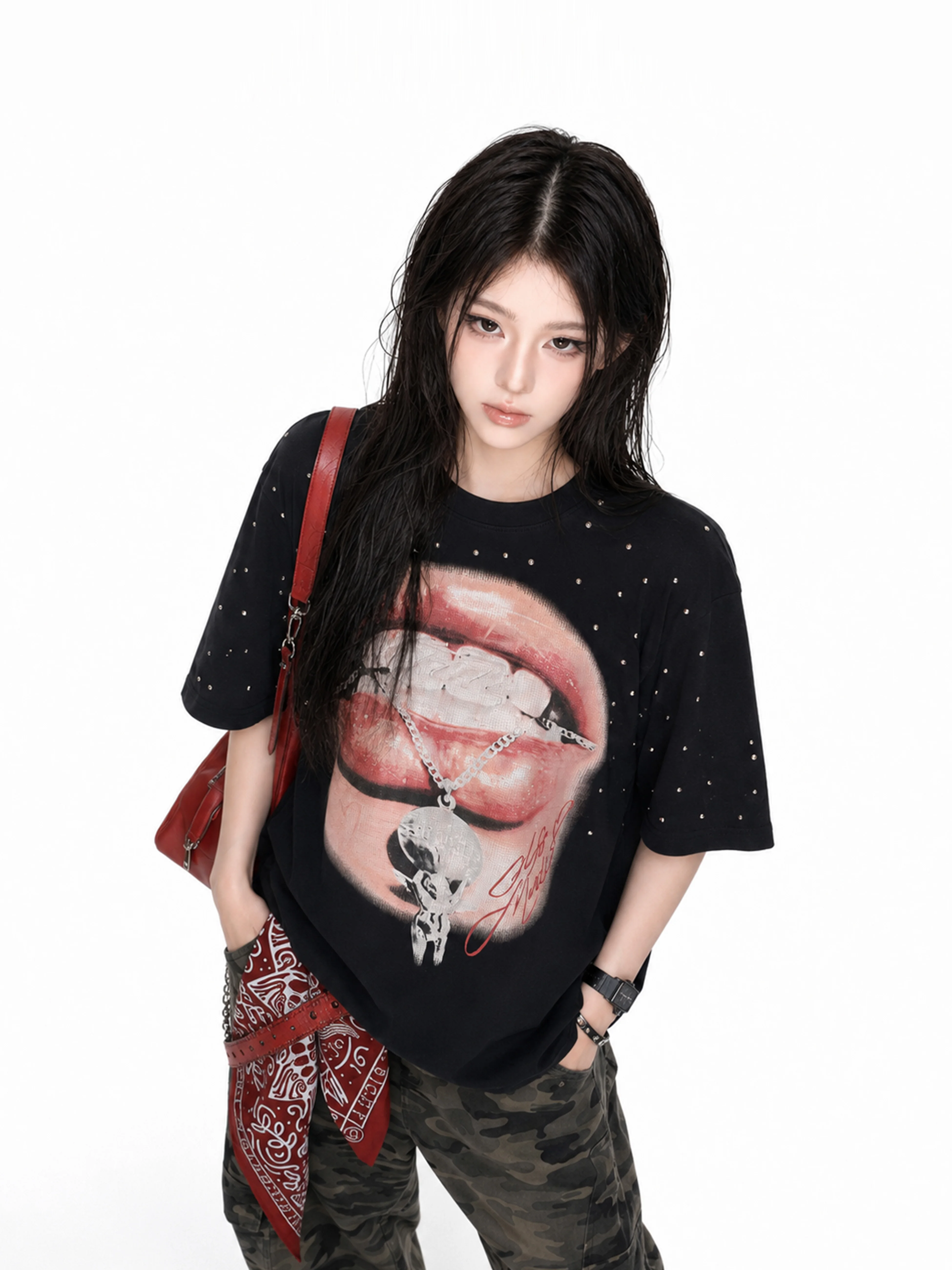 

Street Style Lip Print Short Sleeve T-Shirt Women Summer Loose Cotton Casual Top Small Ball Brand Couple Matching Shirt