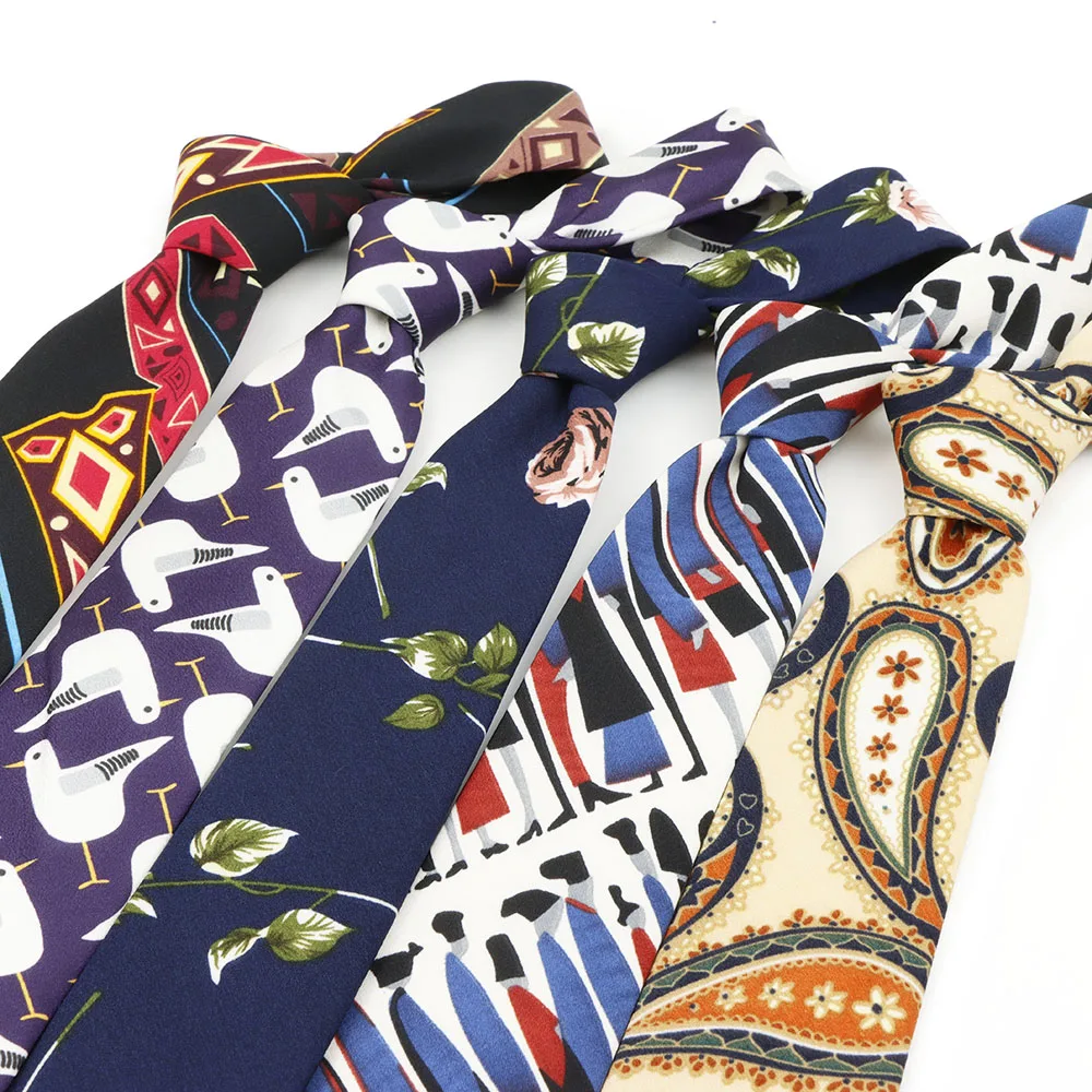 Artistic Men's Smooth Soft Polyester 7cm Tie Vintage Cute Duck Flower Paisley Pattern Printed Wedding Party Accessories Gifts