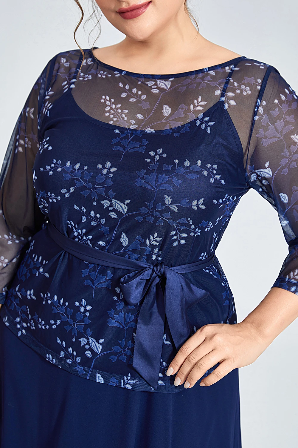 Flycurvy Plus Size Formal Navy Blue Chiffon Mesh Plant Print Lace-Up Two Pieces Maxi Dress