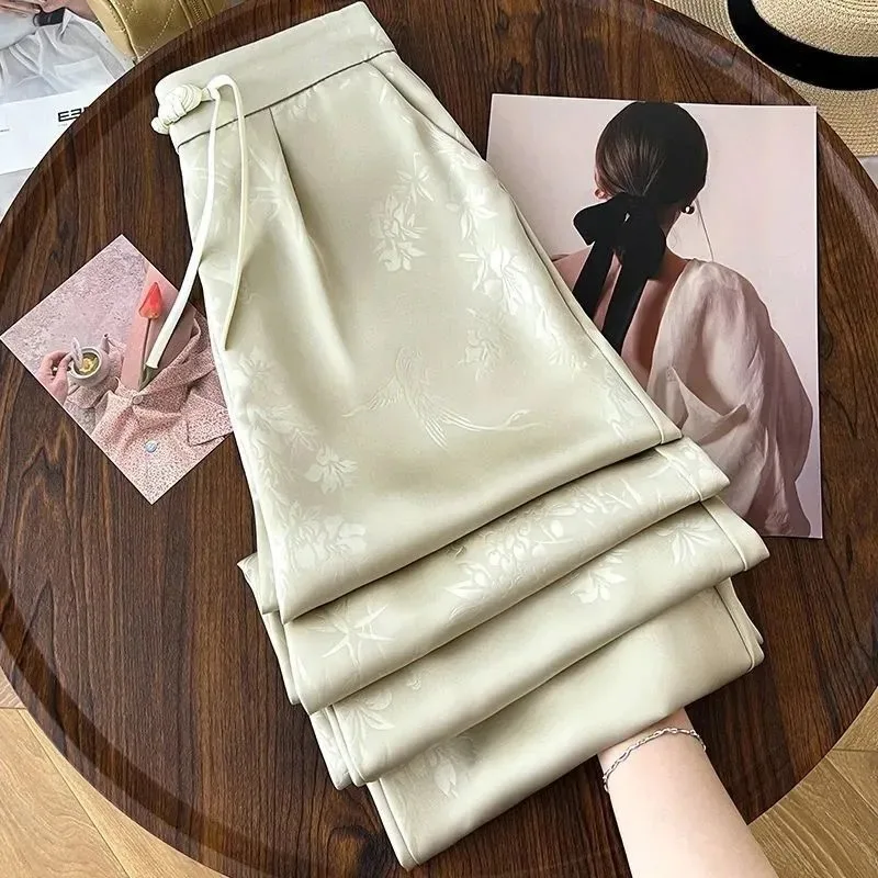 Women's Light Green Floral Embossed Wide-Leg Pants Drawstring Waist Elegant Casual Trousers