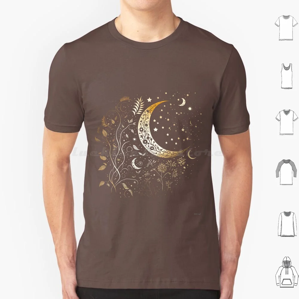 Crescent Moon T Shirt Cotton Men Women DIY Print Crescent Moon Night Golden Stars Pattern Leaf Shining