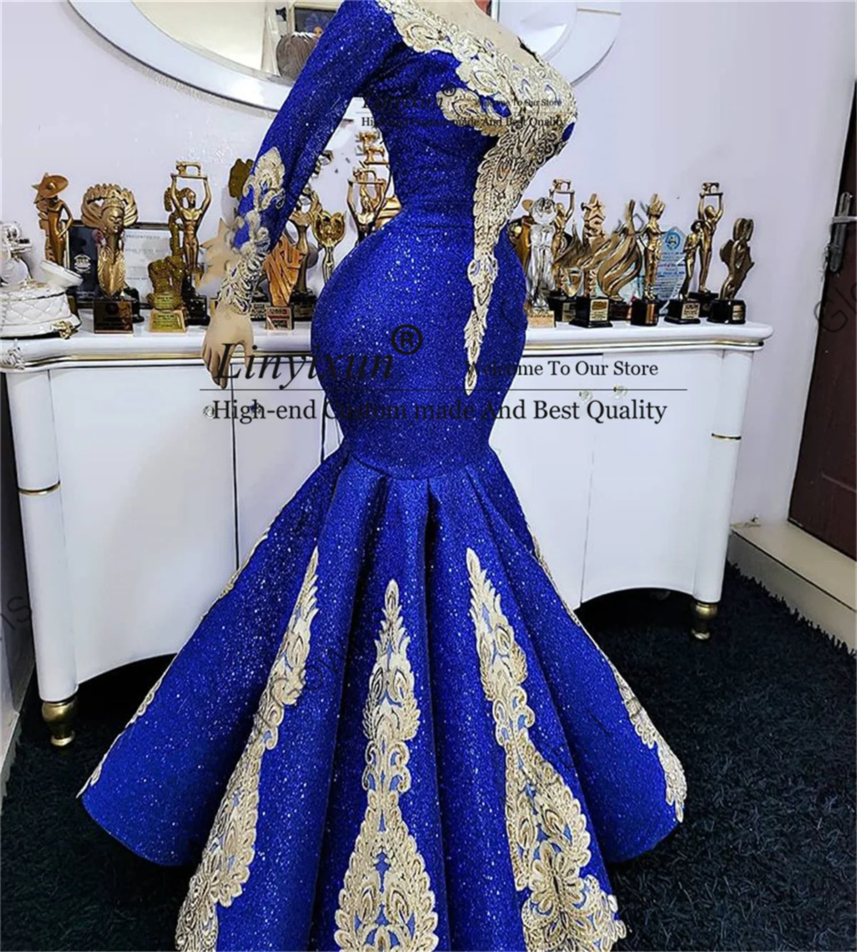 African Aso Ebi Royal Blue Mermaid Prom Dresses With Sequine Appliques Long Formal Evening Party Gown Court Train Robe De Soiree