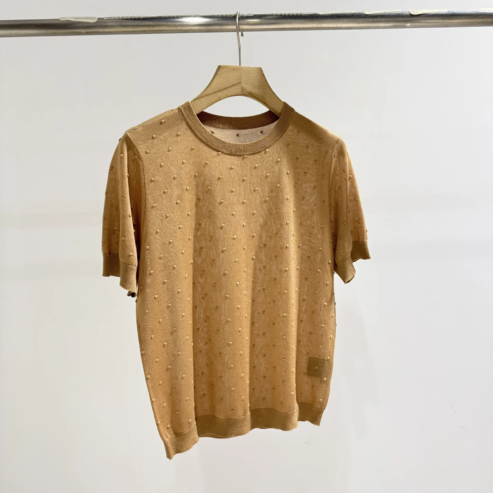 

Cashmere And Silk Blend Knitted Short-Sleeved Lightweight Women'S Top, Casual Solid Color Polka Dot.