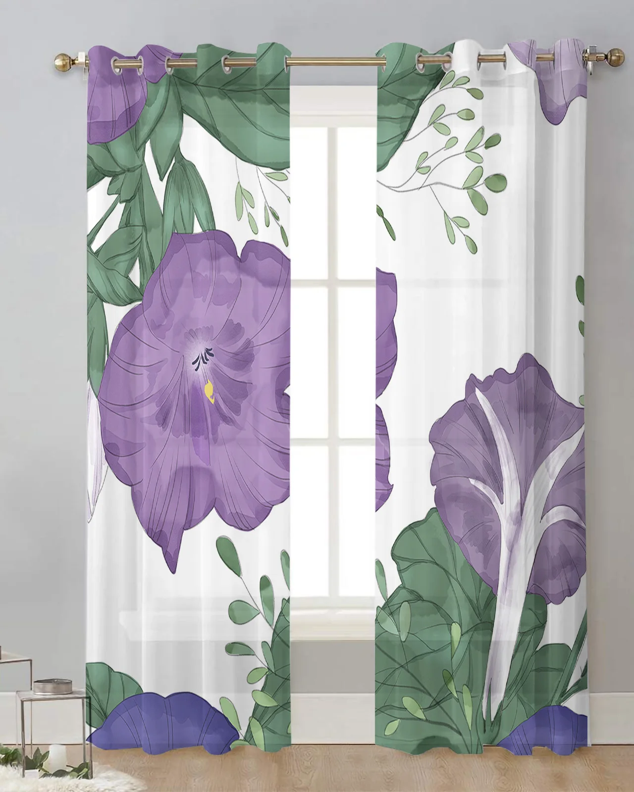 Purple Plant Flower Illustration Modern Tulle Curtains Living Room Kitchen Sheer Window Treatments Voile Drapes With Grommets