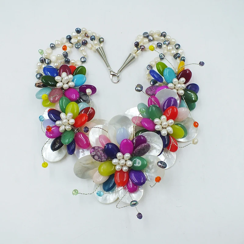 Amazing/classic. Natural pearls/deep sea shells/semi-precious stones. Hand Woven Women Wedding Flower Necklace 20”