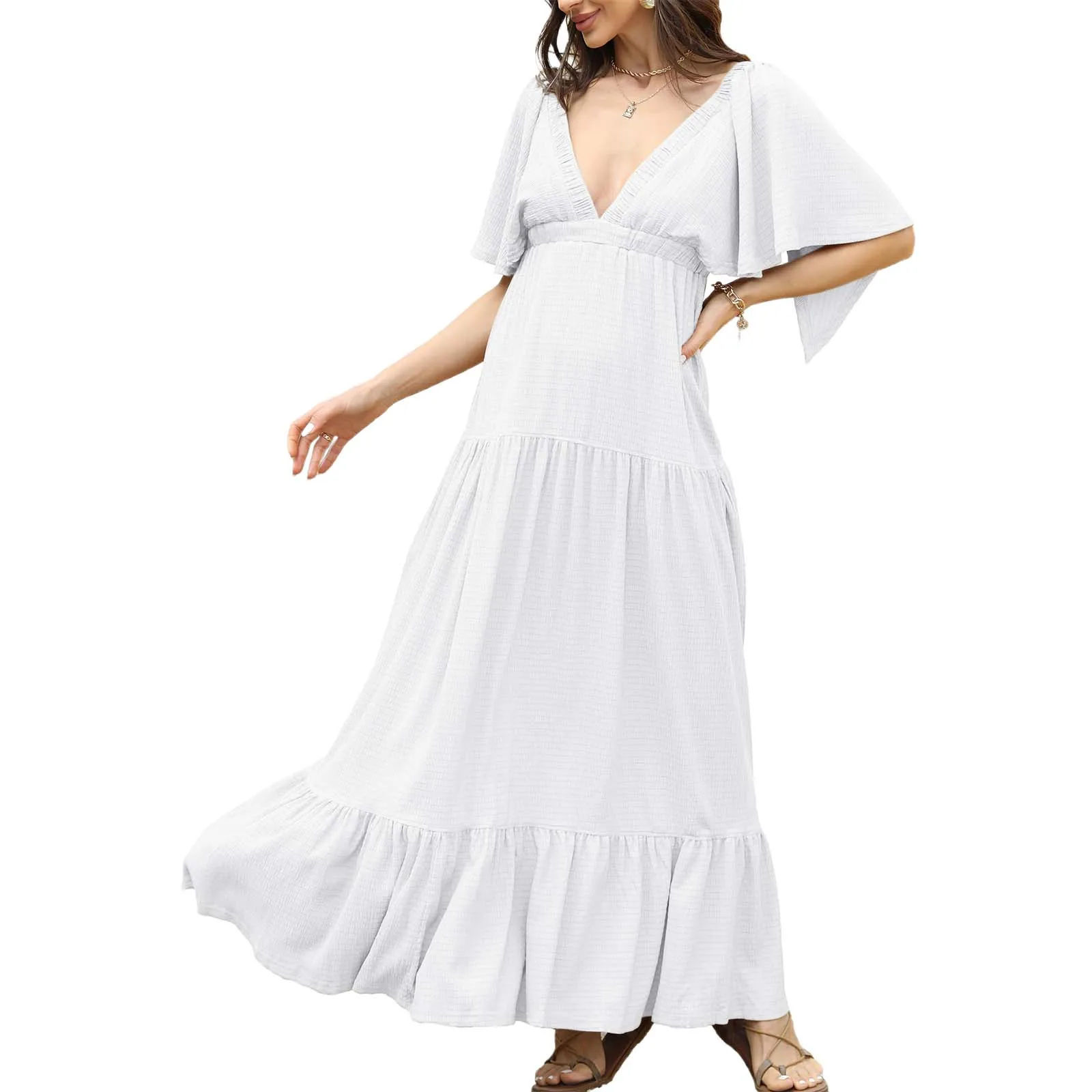 New Women's Formal Dresses Spring Summer Fashion V-neck Short Sleeve Dress Simple Solid Color Belt Casual Long Sundresses