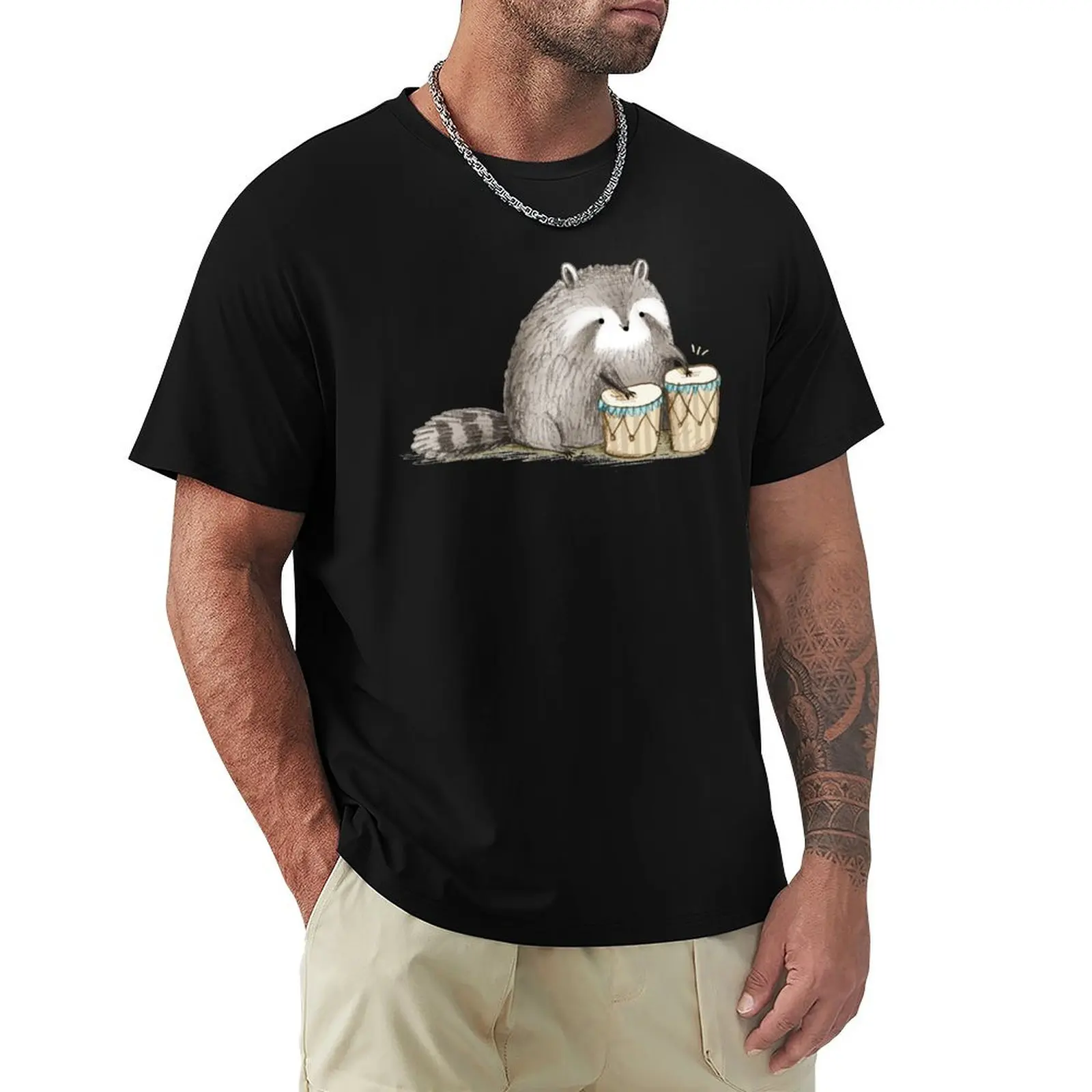Raccoon on Bongos T-Shirt Trendy Print Short Sleeve T-Shirt