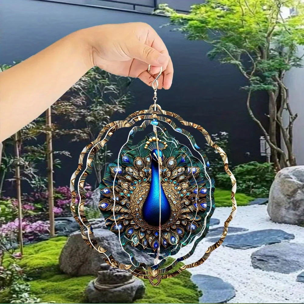 CIFbuy 3D Rotating Wind Chime Peacock Metal Art Decor 360° Spinning Hook Yard Garden Patio Lawn Outdoor Hanging Ornament Gift