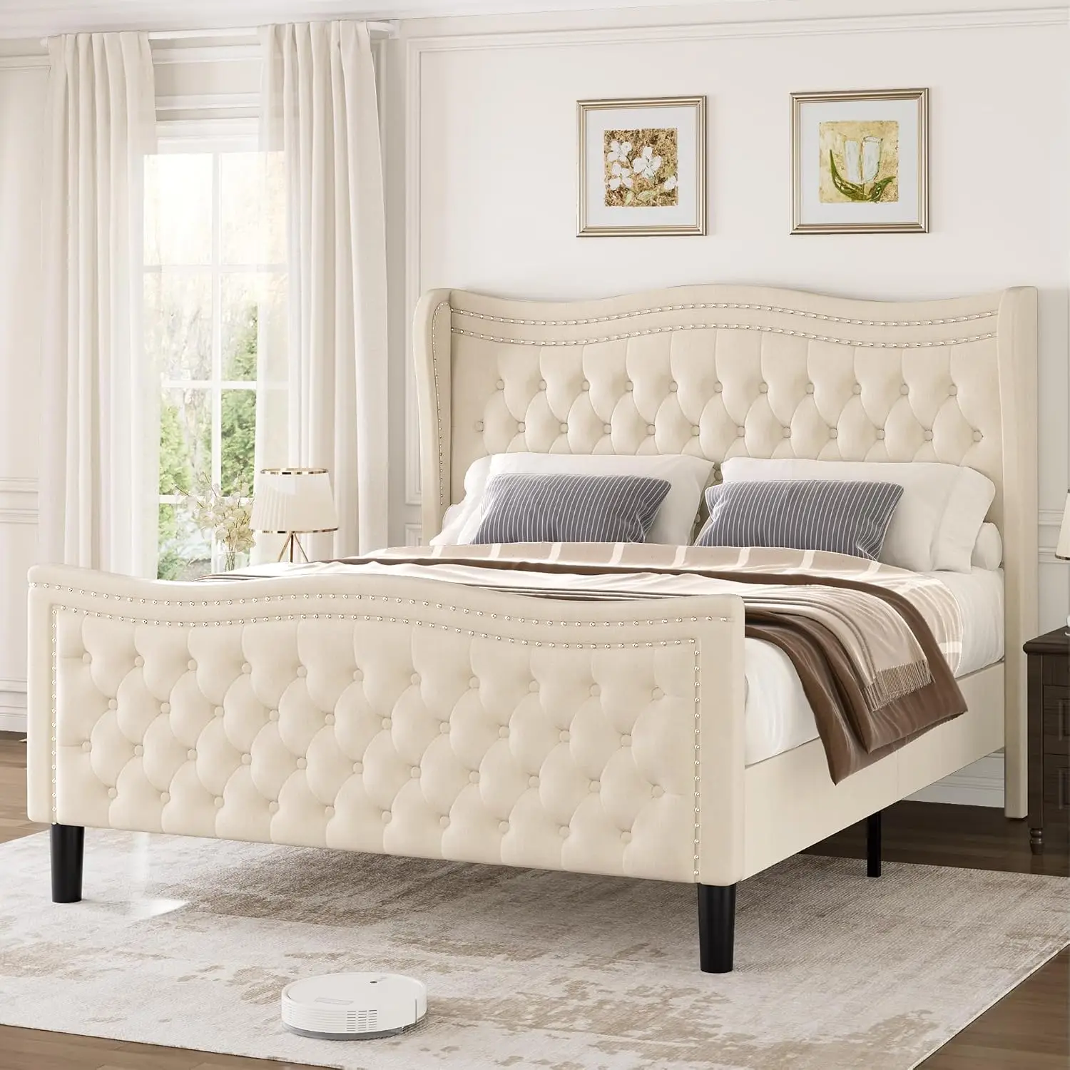 Velvet Full Bed Frame Tall Headboard & Footboard Tufted Wingback Platform No Box Spring Noise Free, Customized