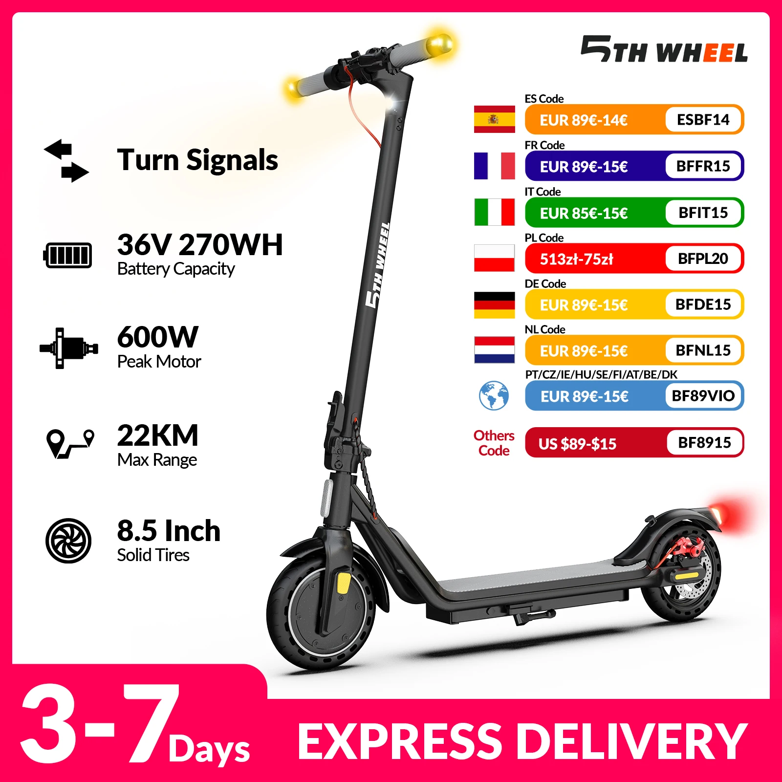 Trottinette Électrique 5TH WHEEL Adulte - Moteur 300W, 25 km/h, Autonomie 22 km, Batterie 36V 270Wh, Pneus Pleins 8.5″, Clignotants, Modèle Urbain