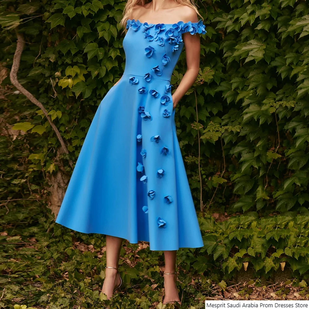 

A-line Women's Evening Dresses Tea-length Off The Shoulder Sleeveless Prom Gown Fashion Flowers Simple Draped Customized Gowns