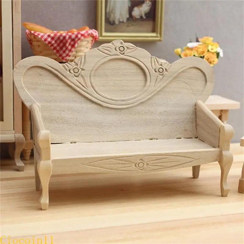 ドールハウス用のY1UBミニチュアウッドソファ椅子装飾レトロスタイル1/12スケールクラフトモデル愛好家のための未塗装の椅子