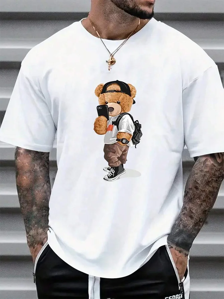 2025 Summer Everyday Fashion Men's T-shirt Street Casual Short-sleeved Travel Party Men's Oversized T-shirt 3D Teddy Bear Print