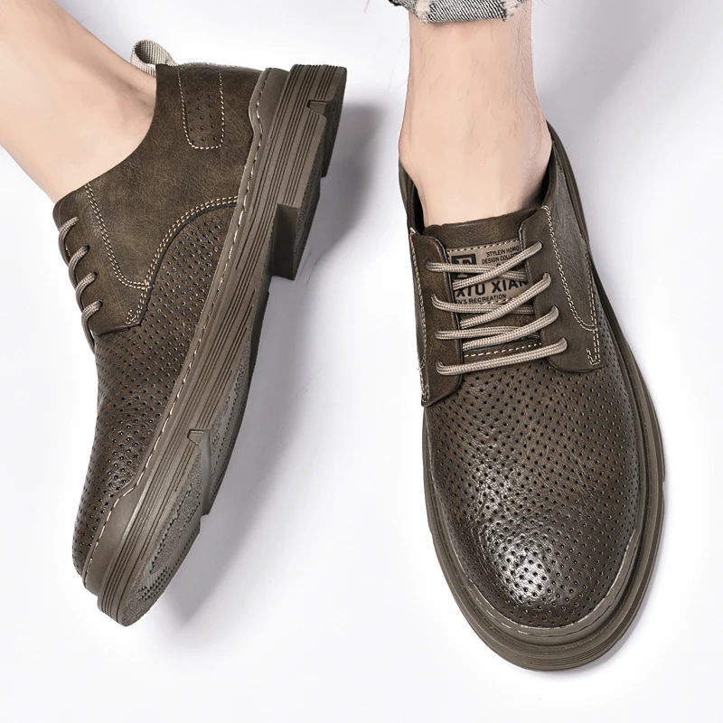 Fashionable Lace Up Men's Perforated Outdoor Comfortable Leather Shoes Summer Brand New Cowhide Breathable Casual Leather Shoes