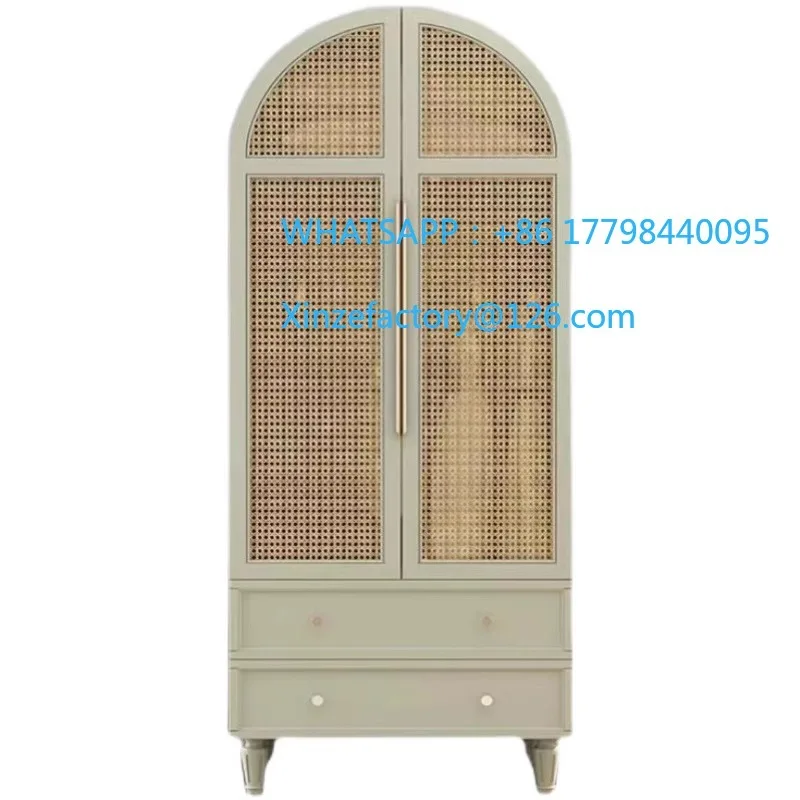 Customizable French Cream Wind Rattan Wardrobe Bedroom Simple Solid Wood Clothes Storage Cabinet B & B Hotel Arched Double Door
