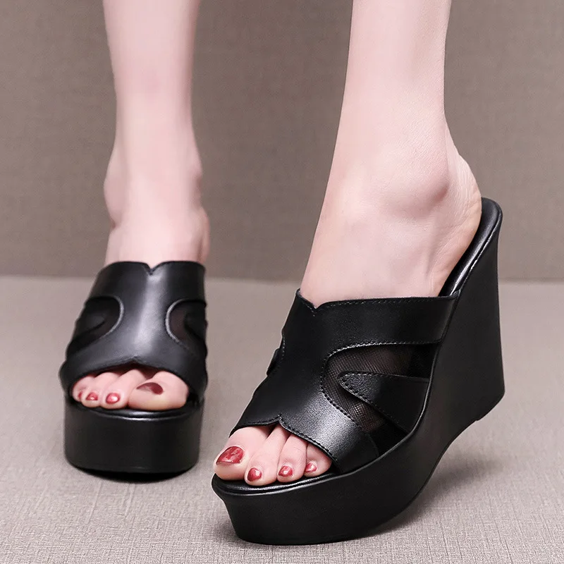 2024 New Fish Mouth Cowhide Mesh Slippers Summer Leather Sandals Platform Wedges Slippers Increase Sandals Women Shoes Plus Size