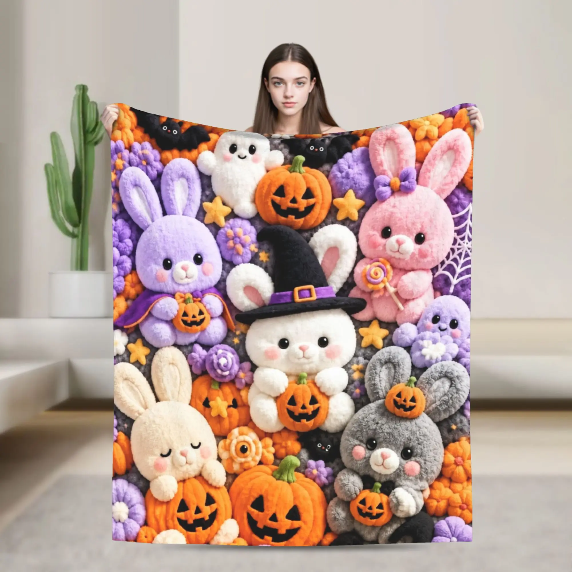 Bunny Rabbit Sweet Cartoon Lovely Blankets Halloween  Flannel Throw Blankets Home Couch Decoration Lightweight Bedsprea