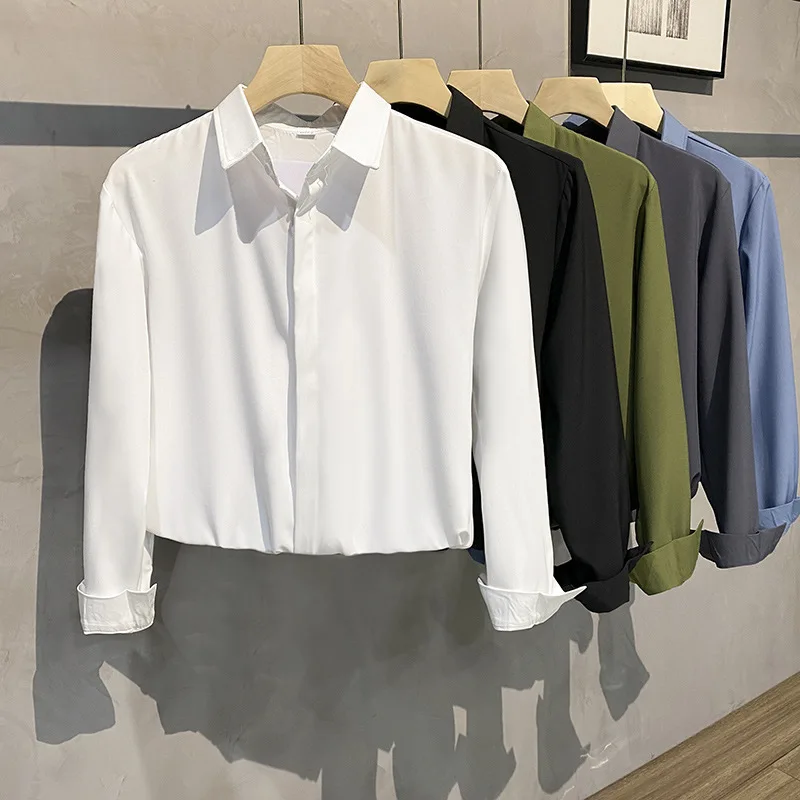 

Spring Autumn Men's Casual Solid Color Turn-down Collar Long Sleeve Shirts Trendy Korean Formal Business Slim Shirts Male Tops
