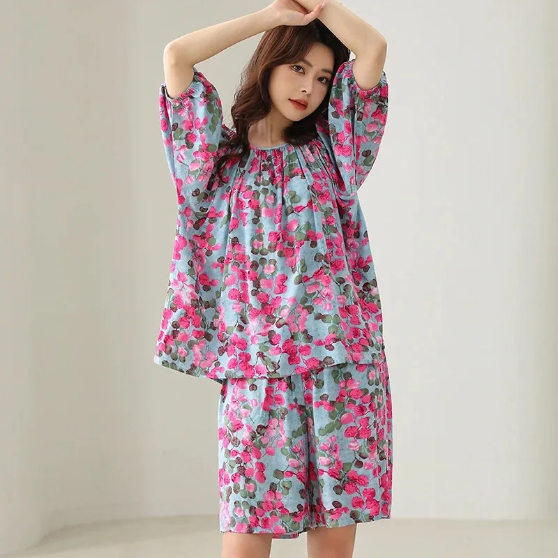 Women Floral Print Cotton Loungewear Set Short Sleeve Top Shorts Summer Loose Pajamas