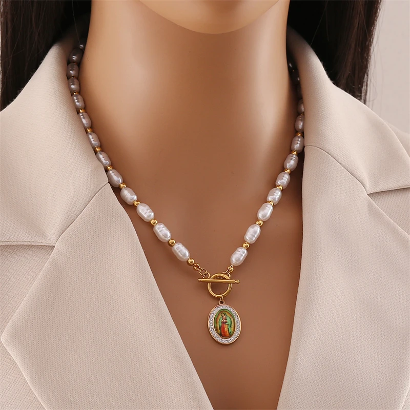 여성용 진주 하트 임베드 지르콘 버진 메리 참 체인 초커 목걸이 귀걸이, 316L 스테인레스 스틸, 새로운 패션 파인 주얼리