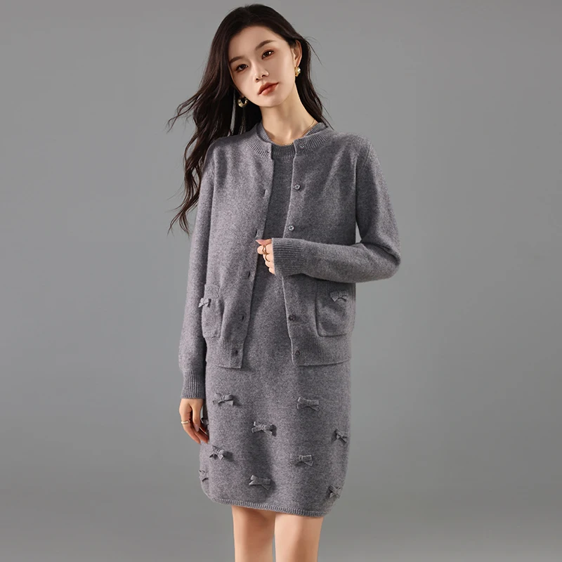 Women's Two-piece 100% Merino Wool Crewneck Cardigan + Sleeveless Sundress Spring/Winter Bow Dress With Pocket Sweater Cardigan