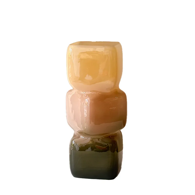 

Niche design sense Glazed square mouth vase Water raising flowers Green glass flower ornament