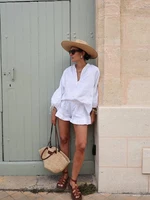 Summer Women's Suit 2-piece Sets For Women Long Puff Sleeves Blouse Loose V-neck Lace Up Summer Outfits Ruffle Shorts Beach Sets - Image 4