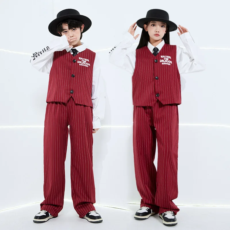 

Fashion Girls Striped Street Dancewear Set Boys Ballroom Dance Competition Costume Group Jazz Clothing Stage Hip Hop Kpop Outfit
