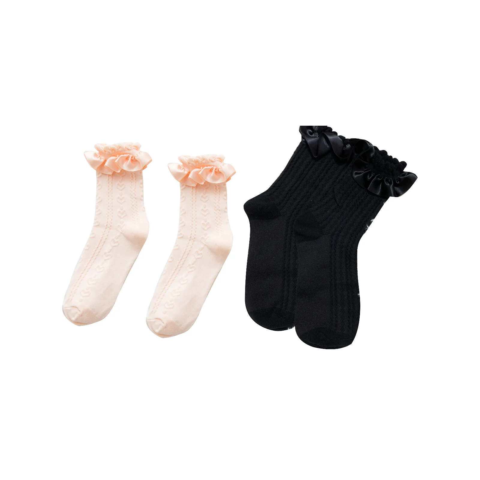 

Lolita lace pile socks combination: cherry blossom pink hearts + black twist mid-calf socks