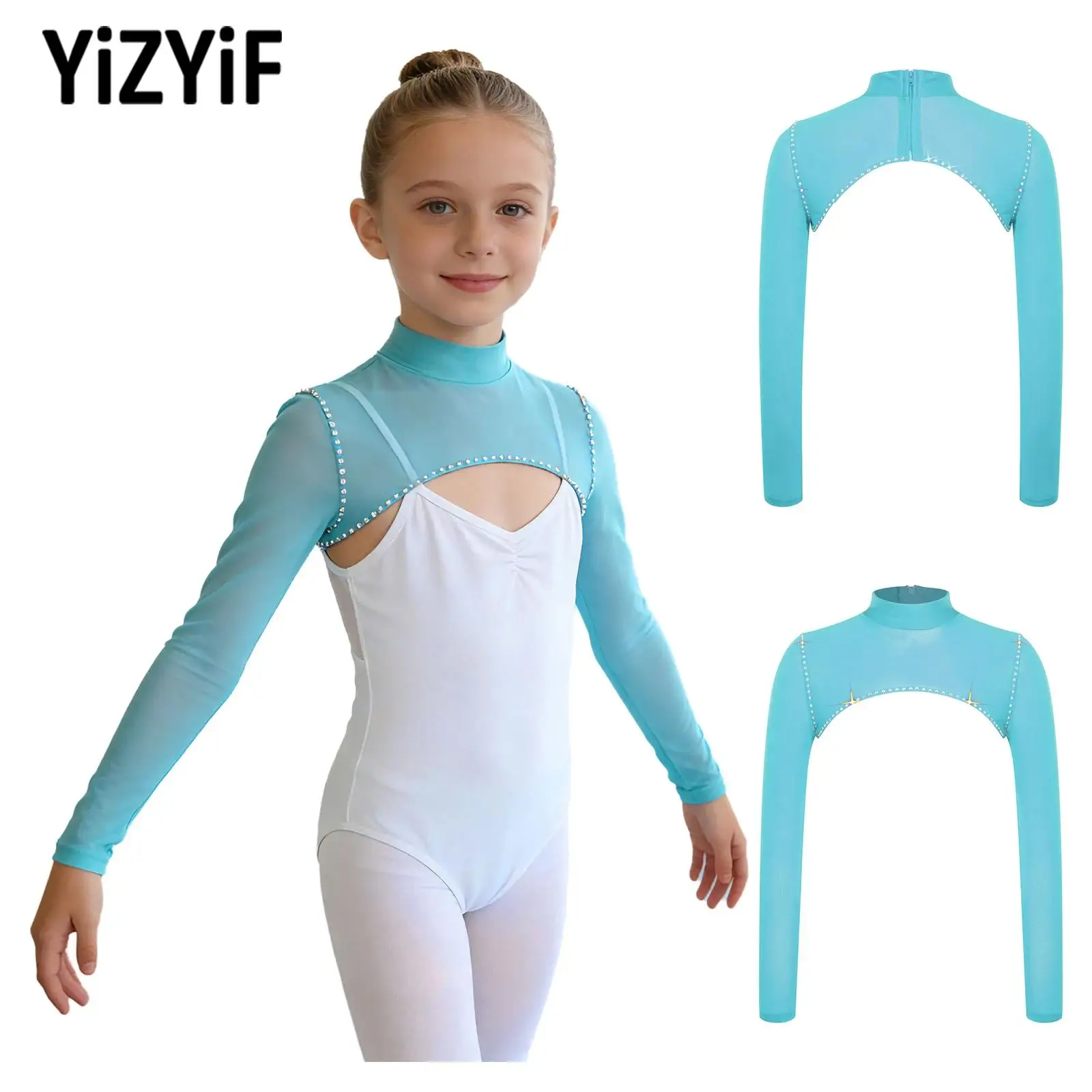 

Топ-кроп с длинными рукавами и стразами для девочек-подростков, сетчатый, для танцев, гимнастики, фигурного катания, балета, танцевальных вечеринок