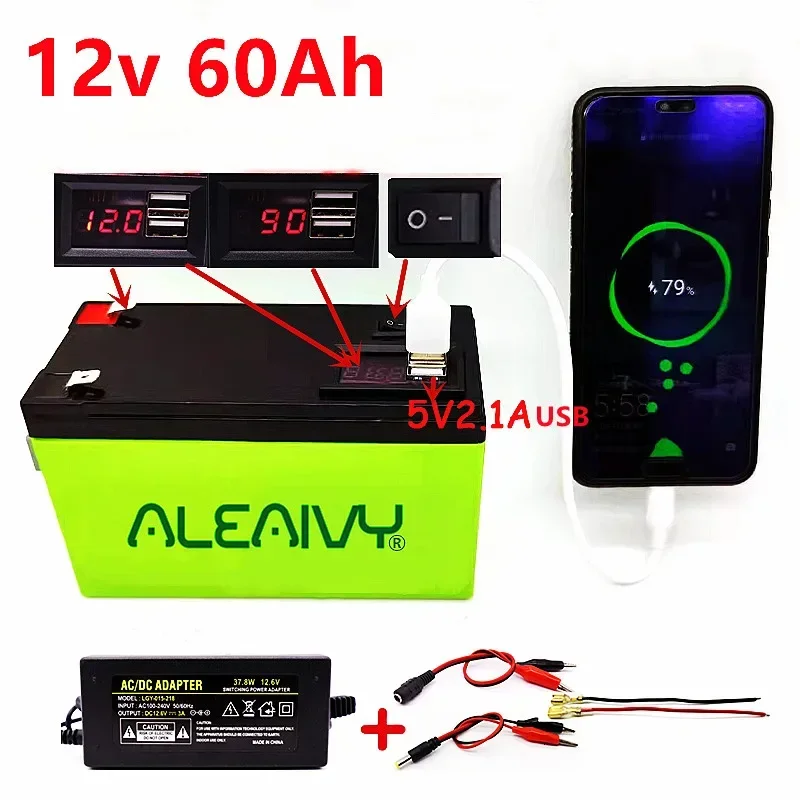 

12v60Ah Portable LiFePO4 Lithium Battery Rechargeable Battery Pack Built-in 5v 2.1A USB Android Apple Charging Port with Charger