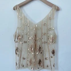 Hollow Out Women Lace tanks   Women mesh Tops Bling Bling Gold Sequins Camis