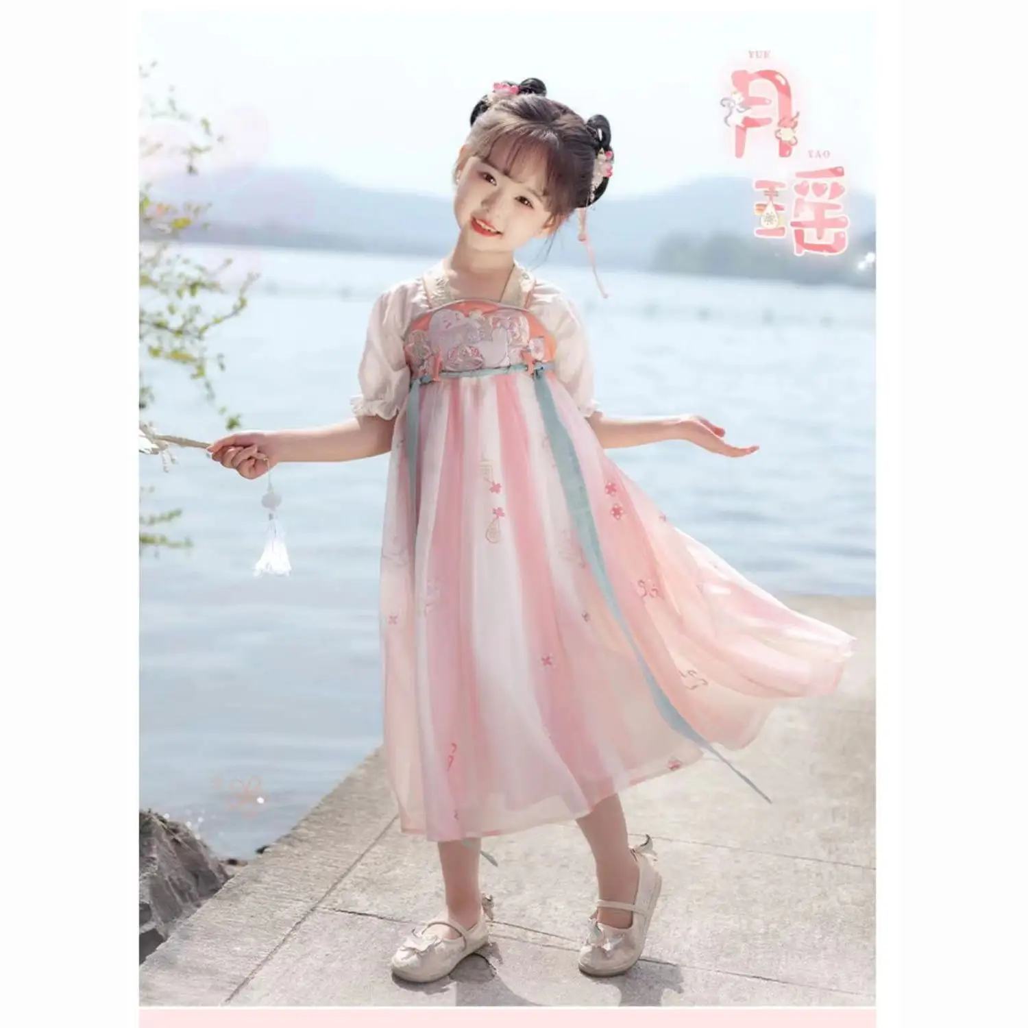 Pink Hanfu Chinese ancient dress Tang dress short sleeve thin embroidery square collar Chinese style girl dress