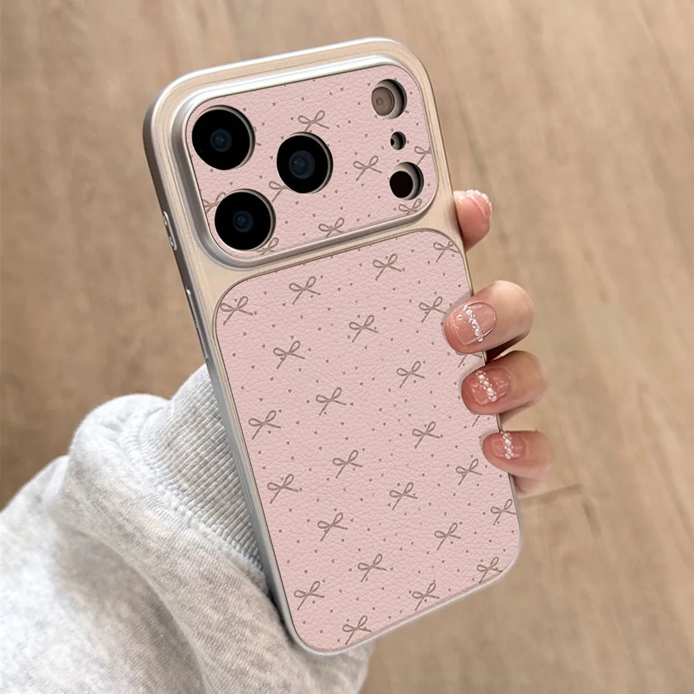 Luxury Large Window Pink Bowknot Leather Phone Case For iPhone 17 Pro Max 16 15 14 13 12 Pro Max 11 Soft Shockproof Bumper Cover