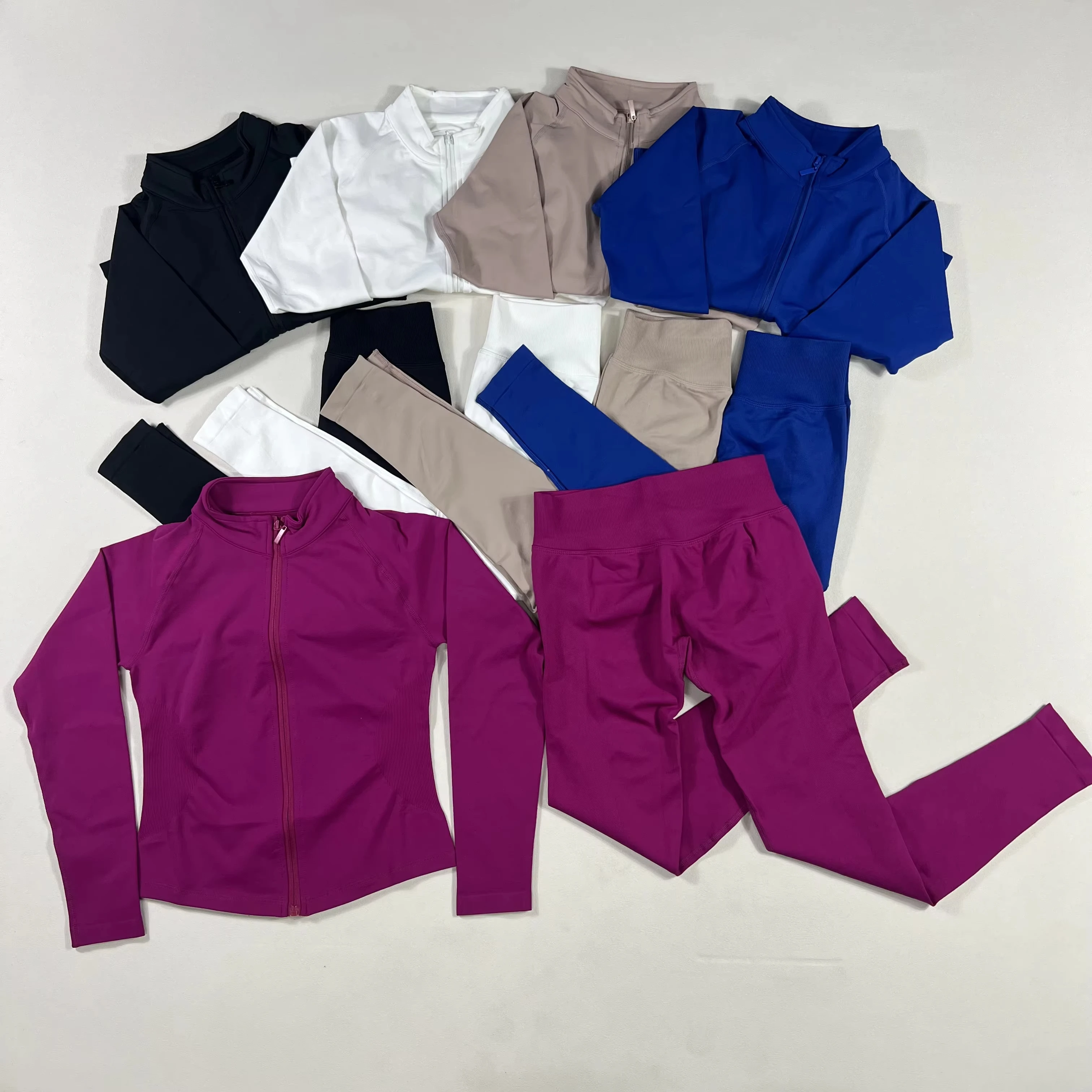 

Outdoor Sports 2-piece Seamless Yoga Fitness Set Zipper Long Sleeve Jacket High Waist Tight Pants Running Breathable