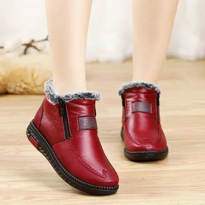 2024 Women\'s Boots Plush Female Shoes Anti-slip Womens Snow Boot Winter Cotton Leather Shoes Casual Ankle Boots Botas Mujer